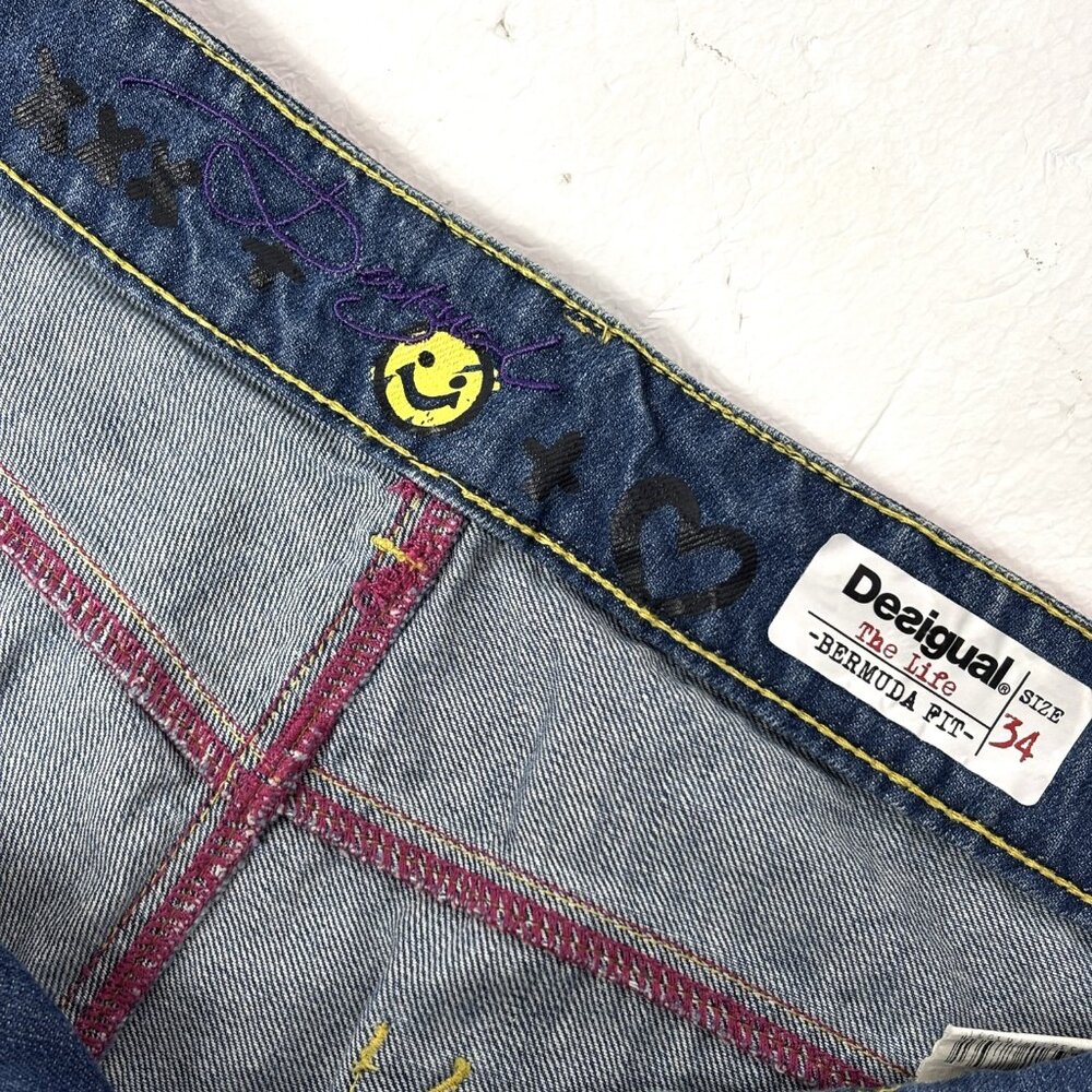 Desigual Denim High Waist Jean Shorts Life Embellished lace embroidery Size 34 - Picture 9 of 11